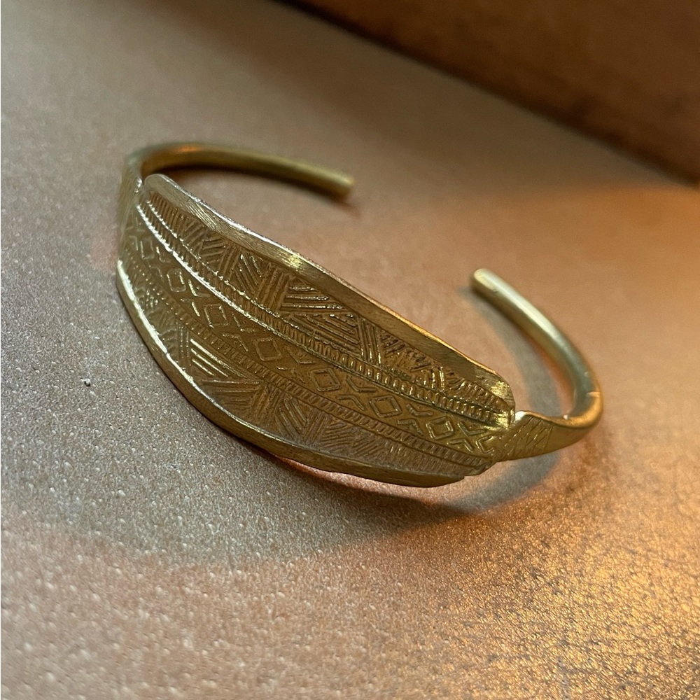 Geometric vintage brass cuff bracelet gold adjustable ID etch engraved signet - Picture 1 of 12